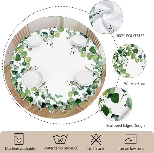 Miniatura 3 de MAST DOO Mantel redondo floral de 60 pulgadas, mantel de hojas de eucalipto, impermeable, resistente a las manchas, sin arrugas, para el hogar