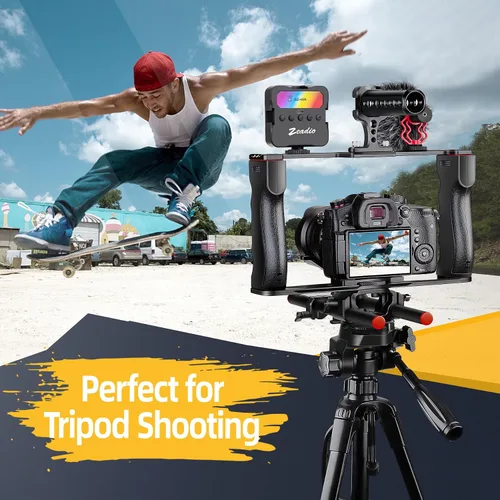 Miniatura 4 de Zeadio Kit de aparejo de video todo en uno, jaula de cámara de mano de aluminio con luz de video RGB, micrófono, mango superior, guía de varilla