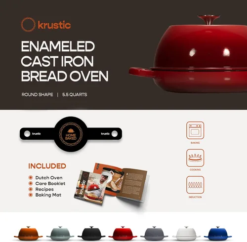 Miniatura 5 de Krustic Horno holandés de hierro fundido esmaltado para hornear pan de masa madre, olla de 6 cuartos de galón con tapa, juego de utensilios de Rojo