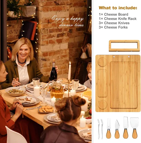 Miniatura 7 de Juego de tablas de queso de bambú, tablas de charcutería y plato de carne para servir, bandeja de queso con 4 cuchillos de queso de acero