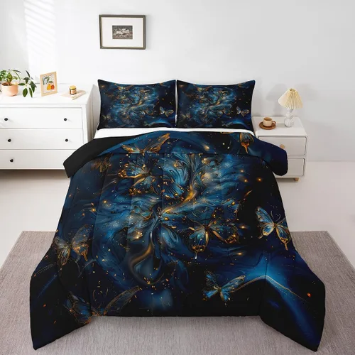 Miniatura 9 de Erosebridal Juego de ropa de cama de calavera gótica, flores mandala, mariposa hippie para niñas y niños, edredón de esqueleto de la muerte de Negro