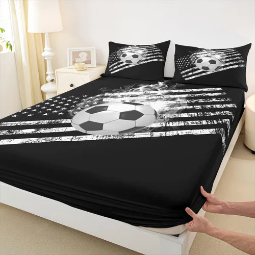 Miniatura 7 de Juego de sábanas de fútbol tamaño individual para niños y niñas, juego de sábanas de bandera estadounidense, juego de ropa de cama con bandera