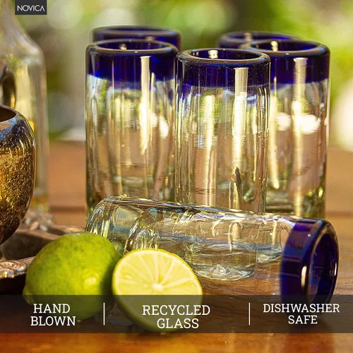 Miniatura 3 de NOVICA Artisan - Vasos de chupito de vidrio reciclado, soplados a mano, con borde azul transparente, 2 onzas, 'Tequila Blues' (juego de 6)