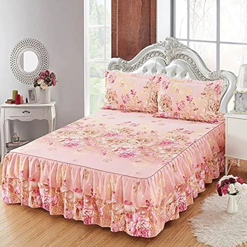 Miniatura 3 de Juego de sábanas con volantes de 2 capas y colcha de microfibra peinada, con 2 fundas de almohada, tamaño Queen, beige