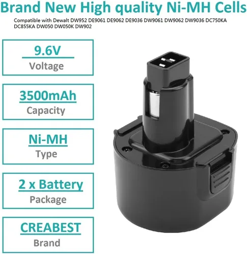 Miniatura 2 de CREABEST Paquete de 2 baterías de repuesto 9.6V 3.5Ah Ni-MH para Dewalt DW9062 Dw9061 DW926 DC750KA DW955K DW955 DW926K-2 DW926K DW902 DW050 DE9062