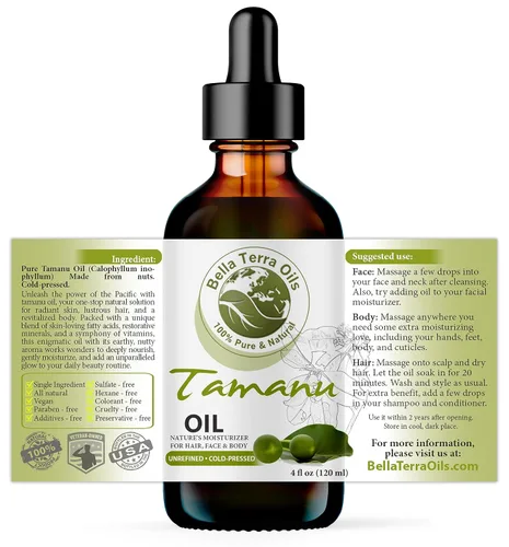 Miniatura 3 de Bella Terra Oils - Aceite orgánico de tamanu de 4 onzas - Prensado en frío y puro, lleno de antioxidantes y nutrientes beneficiosos, logra una piel