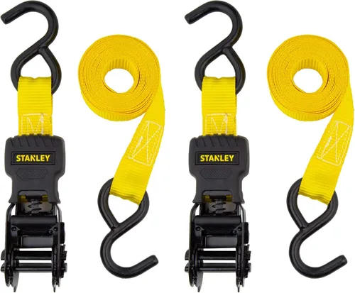 STANLEY S10002 Correas de amarre de trinquete negras/amarillas de 1 pulgada x 10 pies - Carga de trabajo segura de 500 libras / Resistencia a la