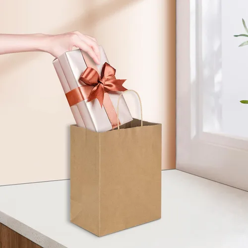 Miniatura 5 de Toovip Paquete de 100 bolsas de papel kraft de 8 x 4.75 x 10 pulgadas, medianas de color marrón liso con asas, a granel, bolsas de envoltura