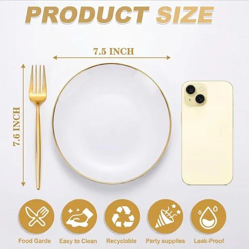 Miniatura 2 de Rubtlamp 200 piezas de platos de postre de plástico dorado, platos de aperitivo blancos con tenedores desechables dorados, elegantes platos pequeños
