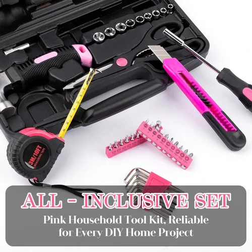 Miniatura 5 de Juego de herramientas, mini kit de herramientas, 49 piezas para el hogar, color rosa, pequeño, básico para el hogar, juego de herramientas con caja