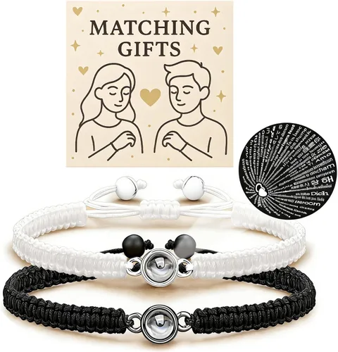 Miniatura 8 de 72ore Pulseras a juego para parejas, pulsera de fotos con texto en inglés "I Love You in 100 idiomas", pulseras de San Valentín, regalos para ella