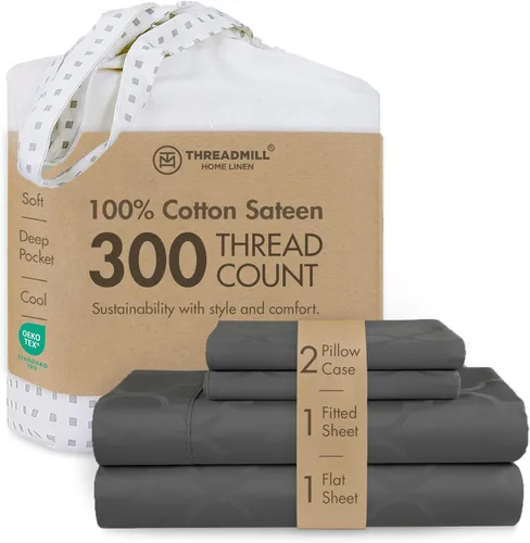Miniatura 18 de Threadmill Sábanas 100% Algodón para Cama Tamaño King Juego de Sábanas de 4 Piezas para Cama King Suave, Transpirable y Ligero Satén de Damasco