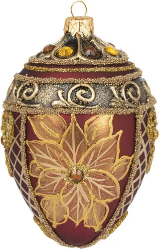 Fabergé Huevo - Adorno para árbol de Navidad de vidrio soplado de 5 pulgadas, diseño de flor de pascua, color borgoña mate, 5 pulgadas