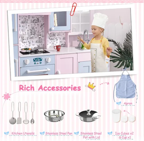 Miniatura 6 de BRINJOY Juego de cocina para niños, juego de cocina de madera para niños con grifo, fregadero, estufa, horno, ventana, utensilios de cocina, Rosa