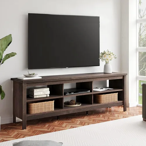 Miniatura 2 de WAMPAT Soporte de TV de granja para TV de 75 pulgadas, centro de entretenimiento de madera para mesa consola de TV de 80 pulgadas con 6 Nogal