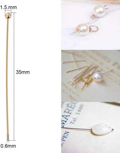 Miniatura 2 de BENECREAT 100 pines de bola chapados en oro real de 18 quilates, calibre 22, para hacer joyas de bricolaje, 1.4 pulgadas de largo