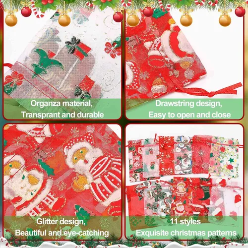 Miniatura 3 de DTOFOOT Bolsas de organza de Navidad, bolsas de regalo para joyas, 40 unidades de 4 x 6 pulgadas, pequeños copos de nieve de Papá Noel de Navidad