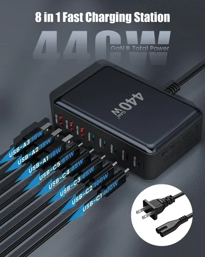 Miniatura 4 de Bloque de cargador USB C de 440 W, estación de carga USB C de 8 puertos GaN IV, estación de carga de múltiples puertos esenciales de viaje, Negro
