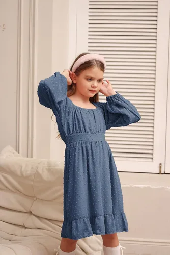 Miniatura 5 de GRACE KARIN Vestido escalonado con volantes para niñas, vestido acampanado de manga larga con lunares suizos, 6-14 años