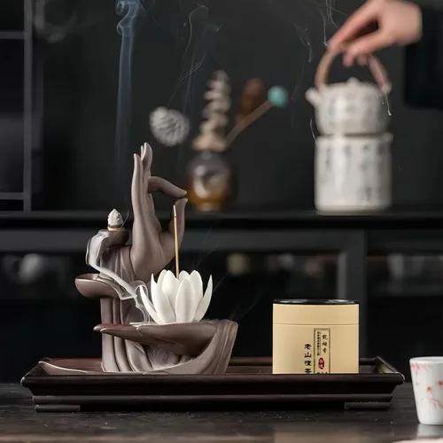 Miniatura 4 de Quemador de Incienso de Reflujo de Mano Lotus - Soporte de Incienso de Conos de Cerámica Quemador de Incienso Cascada y Fuente de Cascada