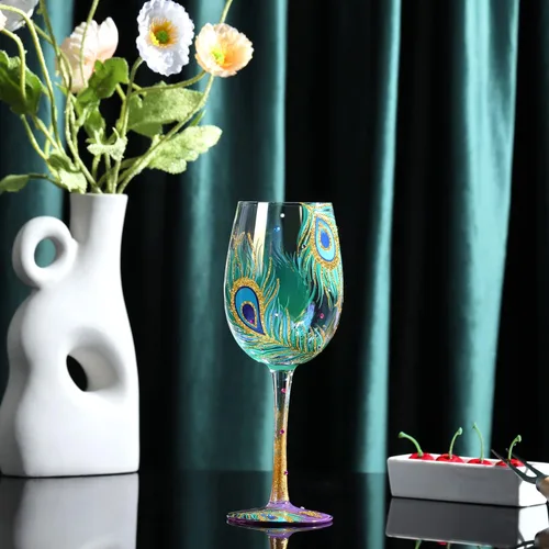Miniatura 2 de NymphFable Regalos de Pavo Real Copa de Vino Iridiscete Pintada a Mano 15oz Copas de Vino Coloridas Personalizadas Regalo de Cumpleaños de Pavo Real