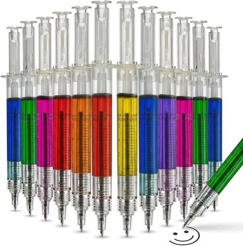 Bedwina - Bolígrafos jeringa - (Paquete al por mayor de 24 unidades), bolígrafos retráctiles, divertidos, multicolor para enfermeras, suministros