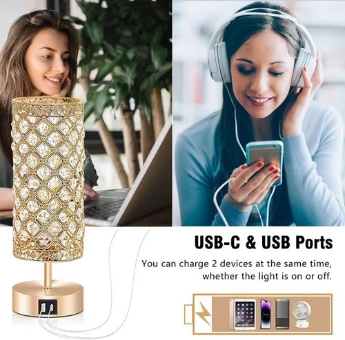 Miniatura 3 de Lámpara de mesa de cristal, lámpara de escritorio regulable K9 con control táctil, lámpara decorativa de cristal K9 con 2 puertos de carga USB