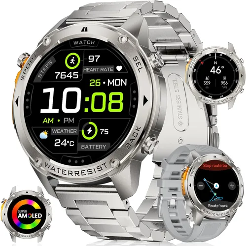 Miniatura 9 de Reloj inteligente para hombre, brújula, cuerpo de acero inoxidable, resistente al agua hasta 98.4 ft, batería extragrande de 400 mAh, reloj Negro