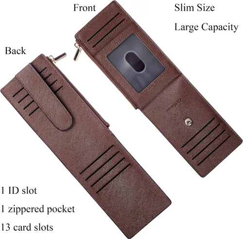 Miniatura 3 de Chelmon Billetera delgada para mujer, con bloqueo RFID, plegable, con bolsillo con cremallera, Marrón intenso, Minimalista