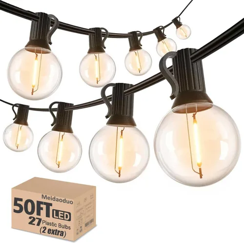 Cadena de luces LED G40 de 50 pies para exteriores, luces de patio, conectables, impermeables, 27 bombillas inastillables (2 extra), 25 luces