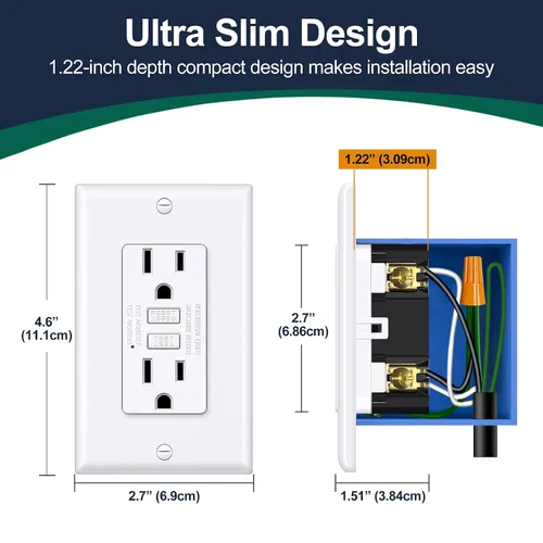 Miniatura 4 de BESTTEN Salida GFCI de 15 amperios con diseño súper delgado, toma eléctrica GFI con indicador LED, receptáculo GFCI no resistente a manipulaciones