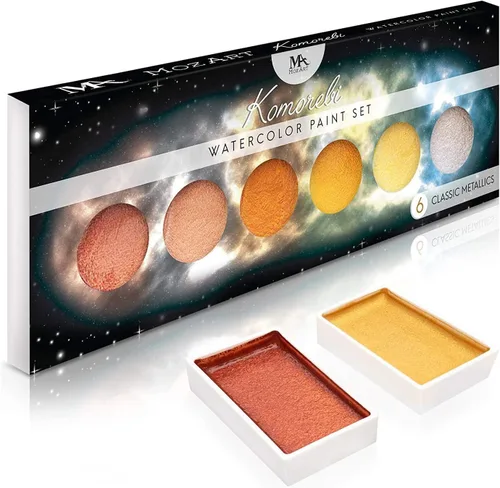 MozArt Supplies Juego de pintura de acuarela Komorebi metálica – Juego de 6 colores brillantes – Portátil y ligero – Para artistas, estudiantes,