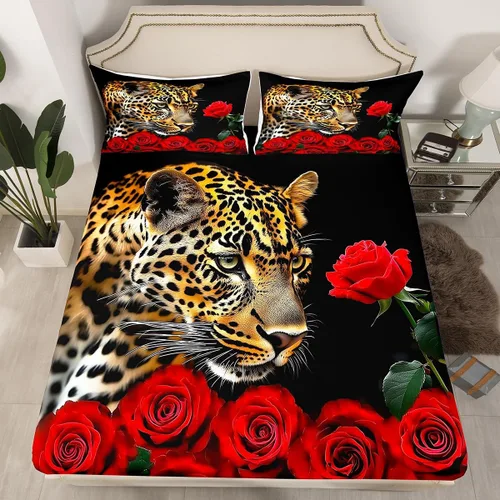 Miniatura 19 de Erosebridal Juego de sábanas bajeras de rosas rojas y leopardo, tamaño individual, diseño de animales africanos salvajes, diseño de plantas