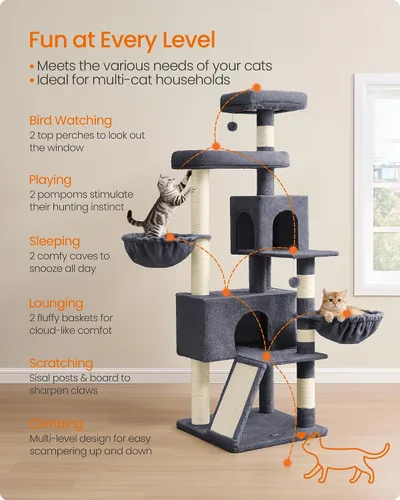 Miniatura 4 de Feandrea Árbol para gatos, torre para gatos de 68.5 pulgadas de alto, condominio de felpa de varios niveles con percha grande, postes rascadores