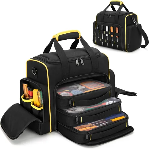 Miniatura 9 de Bolsa de herramientas Marscamd con 3 estuches extraíbles, bolsa de herramientas de 2 capas para herramientas manuales, negra con ribete rojo Negro