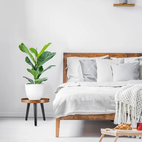 Miniatura 8 de KGPLOME Soporte para plantas de interior, mesa de madera de mediados de siglo con acabado de nogal, soporte alto para maceta, mesa auxiliar redonda