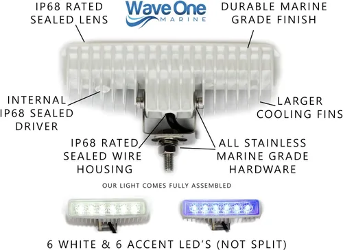 Miniatura 3 de Wave One Marine Luz LED de doble color para esparcidor de barcos, cubierta de luz de inundación, accesorios y soporte inoxidable IP68, impermeable