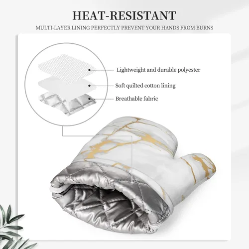 Miniatura 4 de Manoplas de horno y agarradores de ollas de mármol blanco y oro de silicona, accesorios de cocina de 4 piezas, guantes largos resistentes al calor