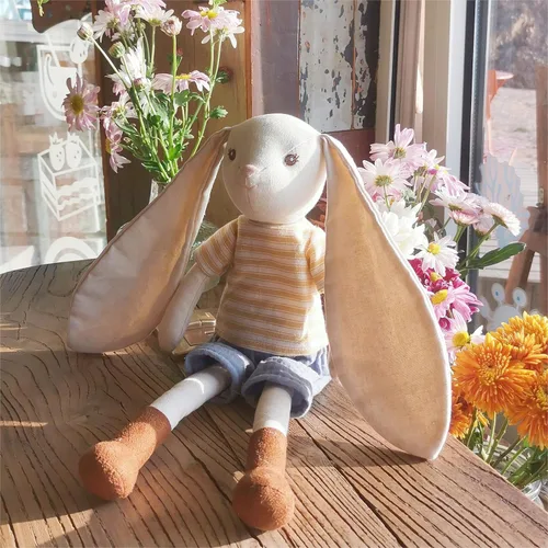 Miniatura 6 de Peluche de conejo de 15 pulgadas para bebé, muñeca de juguete de peluche, con camiseta y pantalones a rayas, lindo juego de muñeca para niñas de 3
