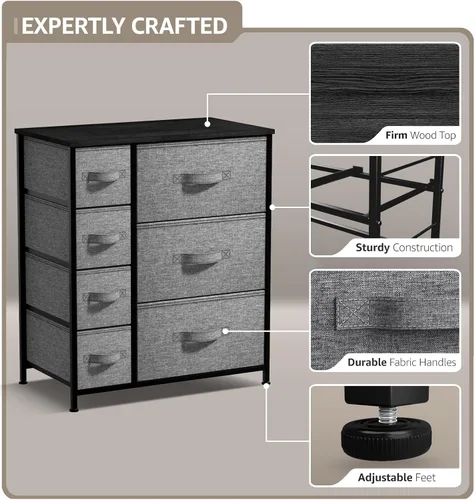 Miniatura 4 de Sorbus - Cómoda con 7 cajones: mueble organizador en torre con marco de acero, parte superior de madera, contenedores de tela fáciles de jalar