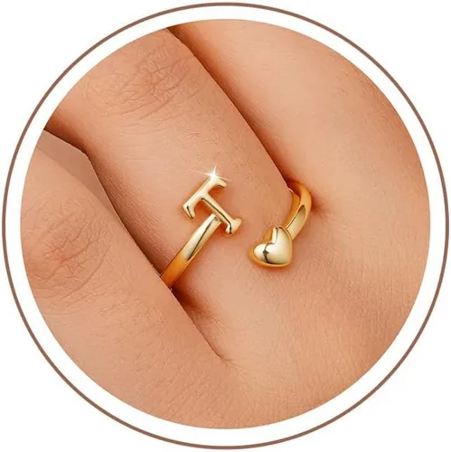Miniatura 19 de M MOOHAM Anillos de oro para mujeres y niñas – Anillos iniciales con placa de oro de 14 quilates para mujer, no se deslustra, letra A-Z, delicado