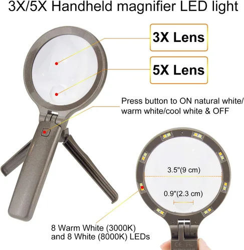 Miniatura 5 de HONWELL Lupa con luz – 3 x 5 aumentos, 3 modos 16 LED, funciona con pilas para leer, inspección, monedas, pasatiempos