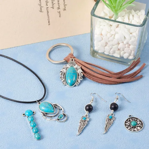 Miniatura 5 de 16 dijes occidentales de 8 estilos para hacer joyas, dijes vintage de turquesa de plata antigua, estilo tibetano, para mujeres y hombres, aretes