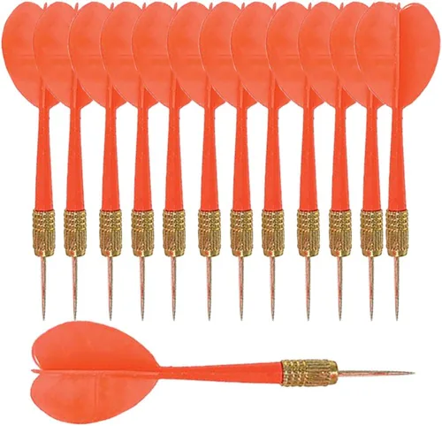 The Dreidel Company 12 flechas de dardos de plástico, vuelos de plástico y puntas de cabeza de cobre puntiagudas de metal, dardos, color rojo, 5
