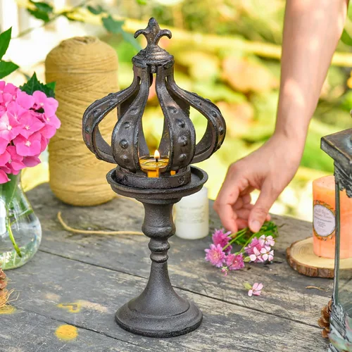 Miniatura 3 de Sungmor Escultura de corona de hierro fundido, marrón antiguo con acento rústico, cubierta de vela creativa, centro de mesa, estatua de corona