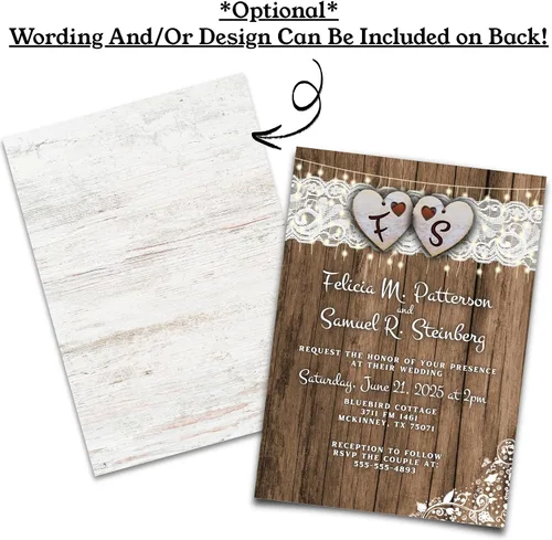 Miniatura 6 de Cantidad de 25 invitaciones de boda País Corazón y sobres de encaje impreso con texto blanco Rustic Theme, Envelopes Included, Printed