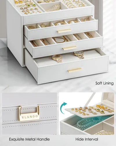 Miniatura 4 de Vlando Joyero grande de 4 capas Organizador de joyas, organizador de joyero para cajón, collar, anillo, pulsera y reloj, regalo de cumpleaños