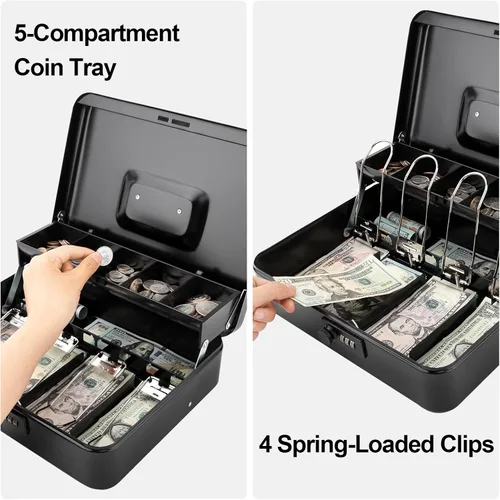 Miniatura 4 de Jssmst Caja grande de metal con cerradura con bandeja de dinero, caja de dinero con cerradura de combinación, color negro Cerradura de combinación