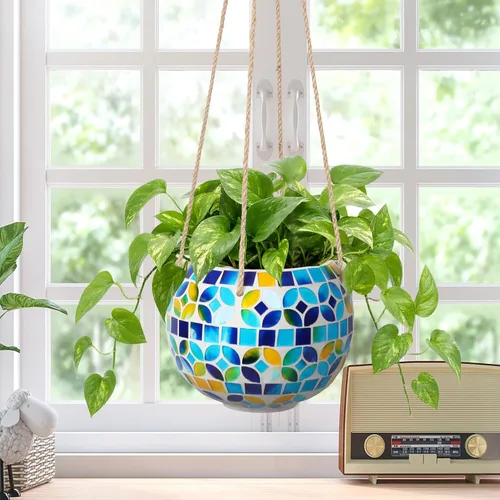 Miniatura 4 de Maceta colgante de cerámica con mosaico, maceta colgante pequeña para plantas de interior, decoración de jardín, maceta de bola de discoteca con Azul