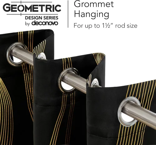 Miniatura 4 de Deconovo - Cortinas opacas con ojales y patrón estampado dorado, Negro/Onda, 52" de ancho x 84" de largo